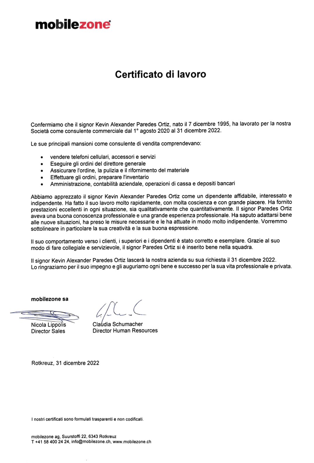 Attestato di lavoro di Kevin Ortiz presso mobilezone