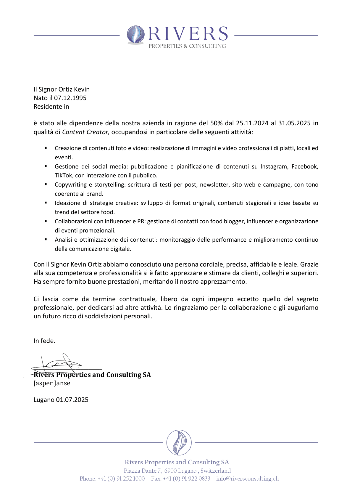 Attestato di lavoro di Kevin Ortiz presso Rivers Properties & Consulting, 2025