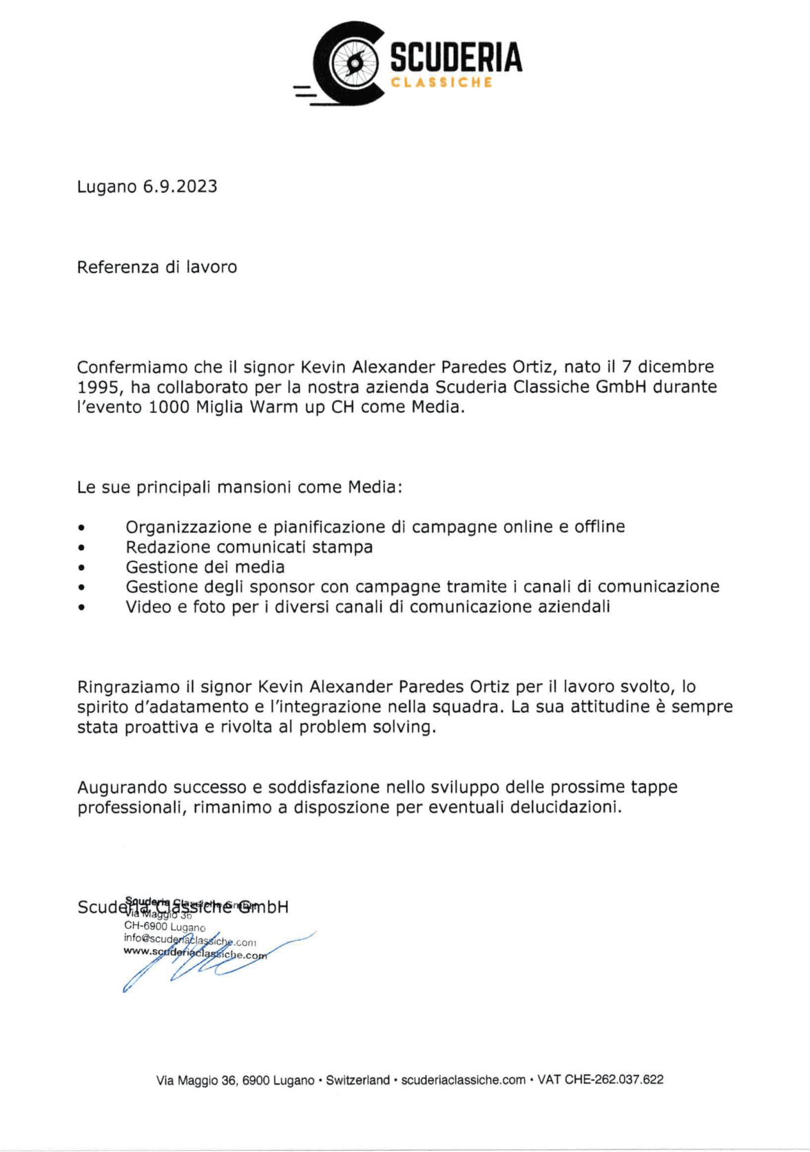 Lettera referenziale di Kevin Ortiz presso Scuderia Classiche, 2023