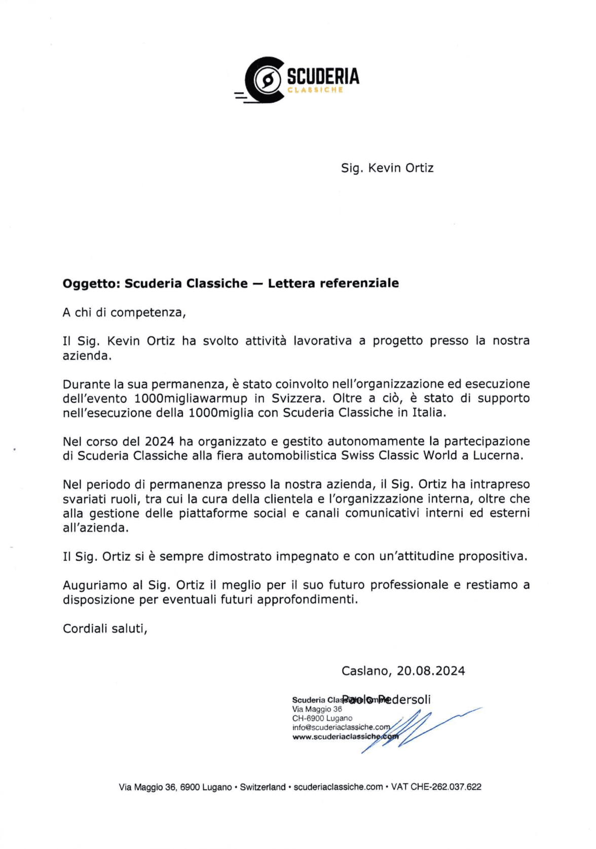 Lettera referenziale di Kevin Ortiz presso Scuderia Classiche, 2024