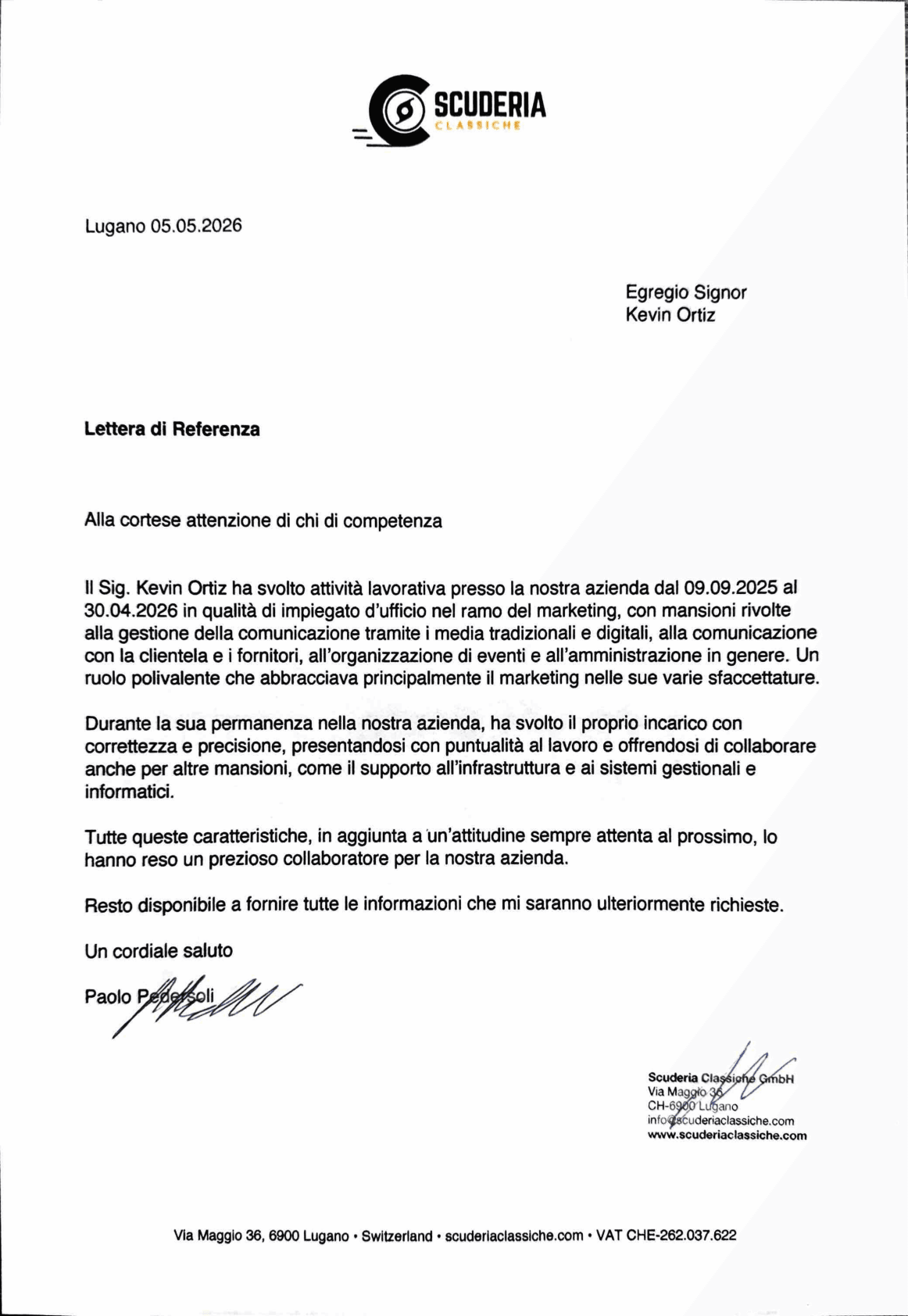Attestato di lavoro di Kevin Ortiz presso Scuderia Classiche, 2026