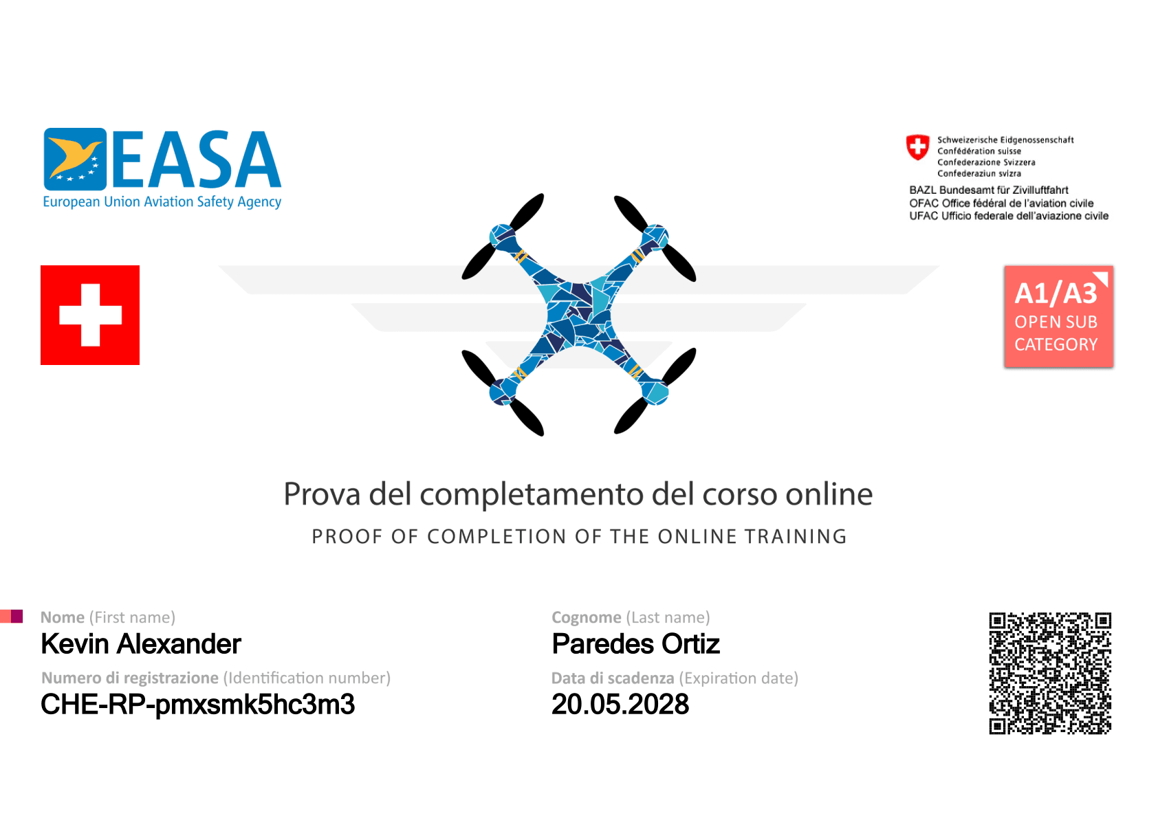 Attestato di pilota di drone EASA A1/A3 di Kevin Ortiz