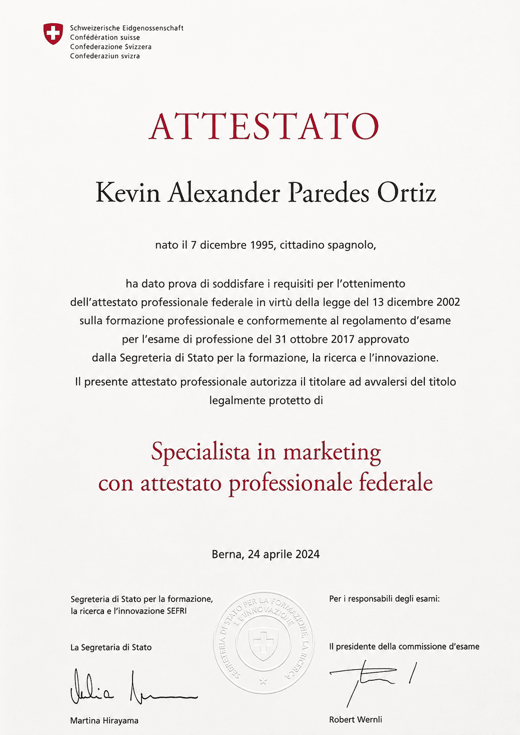 Attestato professionale federale di Kevin Ortiz — Specialista in marketing