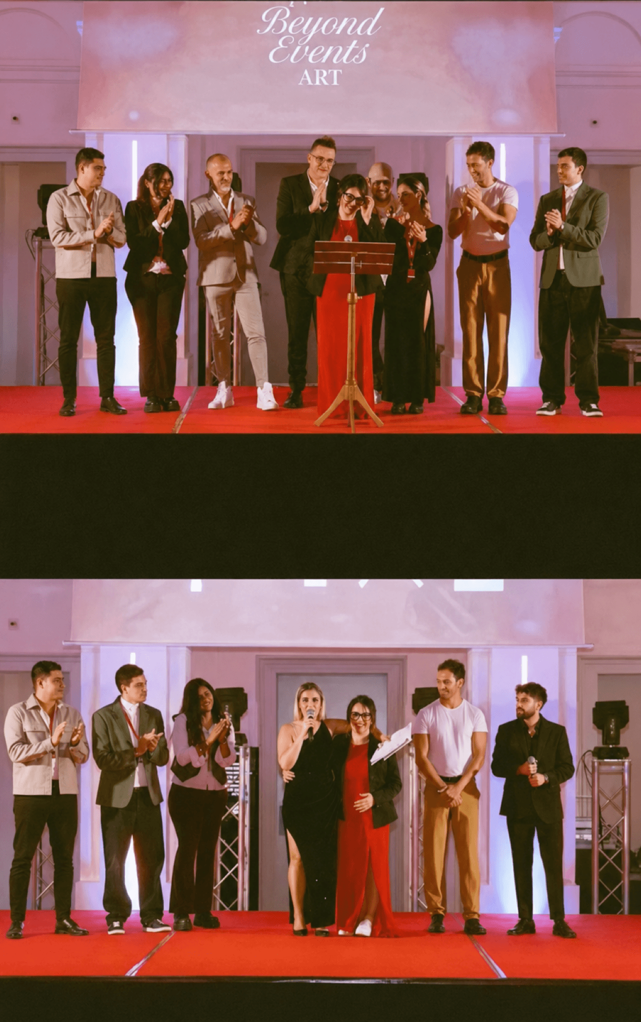 Composito di due fotografie del palco: team ed evento de La Voce del Coraggio, banner Beyond Events Art, palco con tappeto rosso.